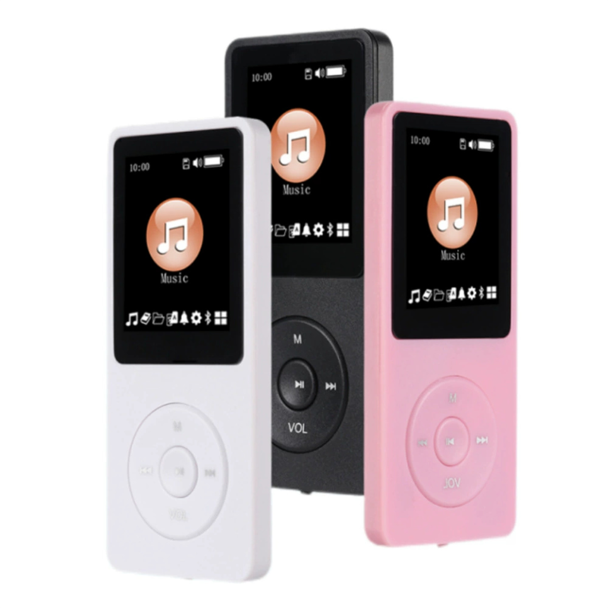 Drei MP3-Player: weiß, schwarz und rosa, alle mit Bildschirmen und Knöpfen.
