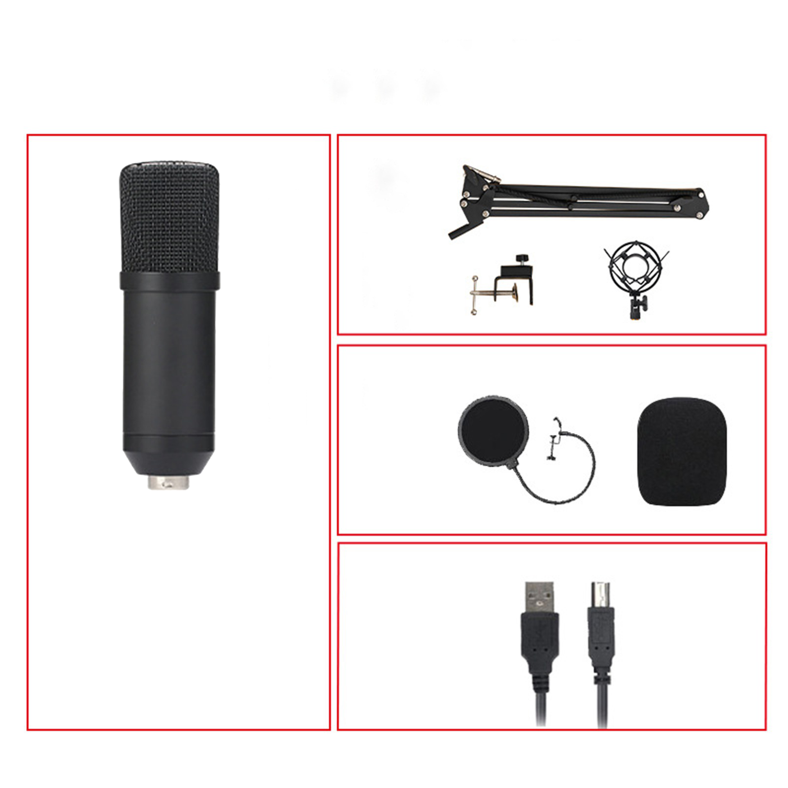 Ein Studio-Mikrofon und Zubehörset, einschließlich Ständer, Pop-Filter und Kabel.