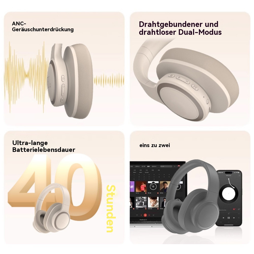 Kopfhörer mit Geräuschunterdrückung, kabellosem Modus und langer Akkulaufzeit.