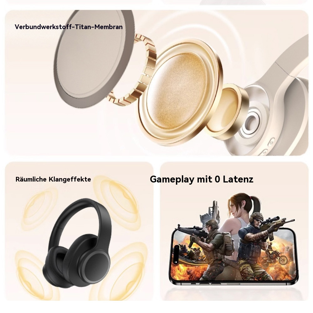 Bilder zeigen Kopfhörerkomponenten, ein schwarzes Headset und ein Telefon, das eine Spielszene anzeigt.