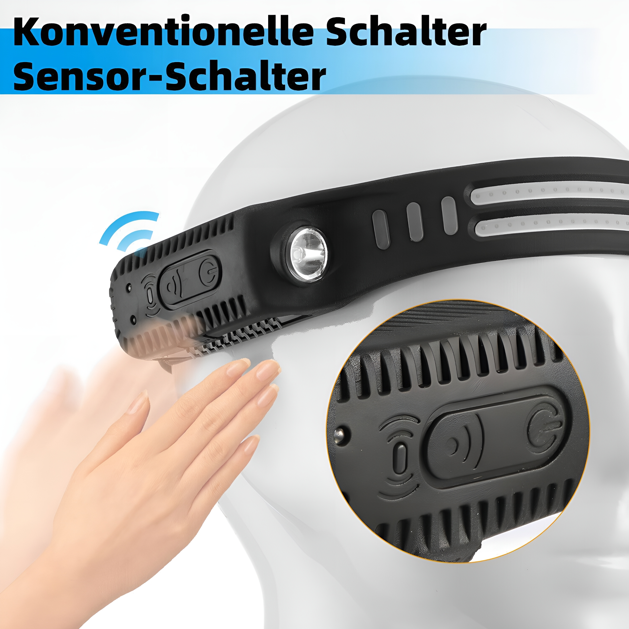 Eine Hand berührt ein schwarzes Stirnband mit einem Licht. Ein weißer Schaufensterpuppenkopf trägt das Stirnband.