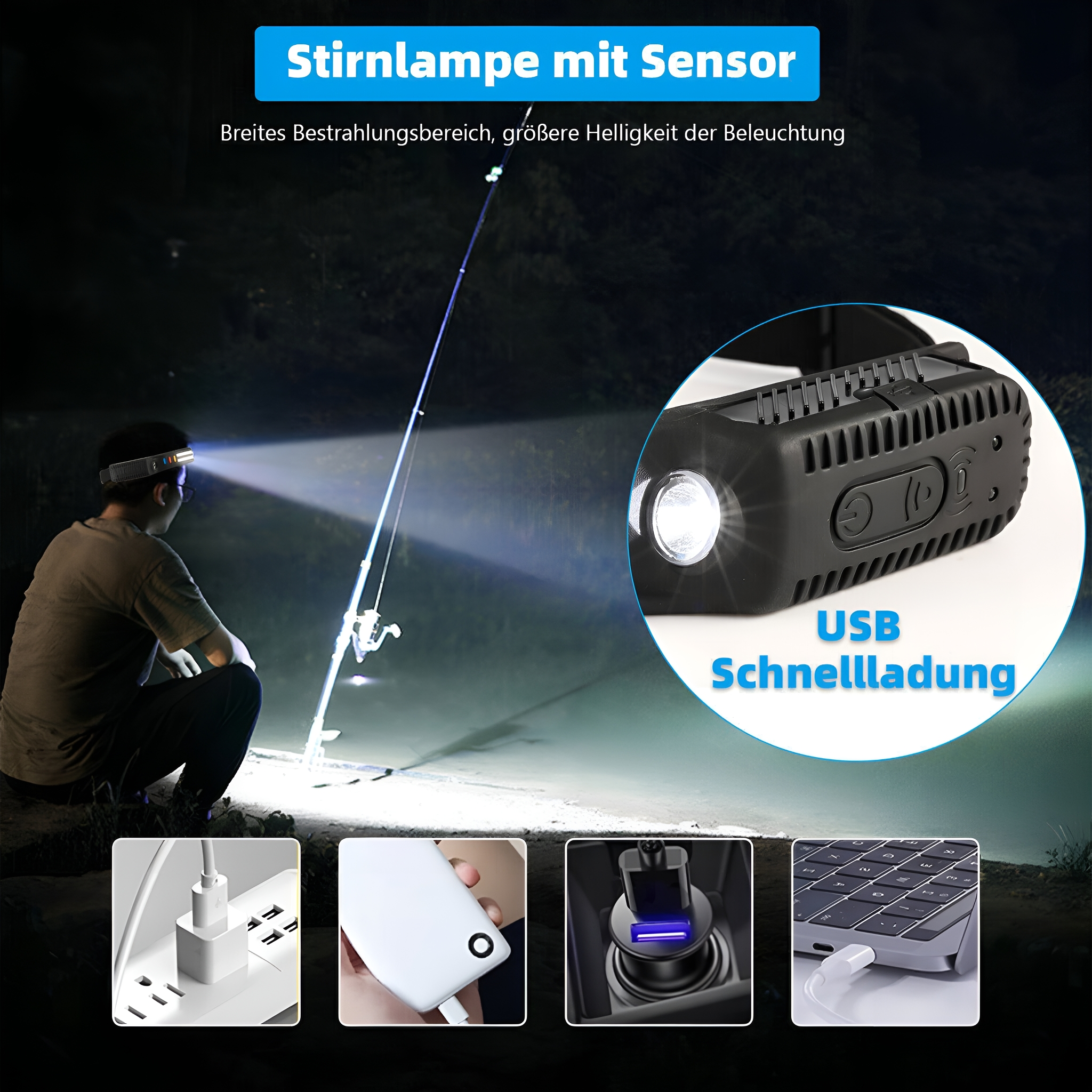 Stirnlampe mit Sensor, Person beim Angeln in der Nacht, verschiedene Lademethoden. Diagramme der Lampe.
