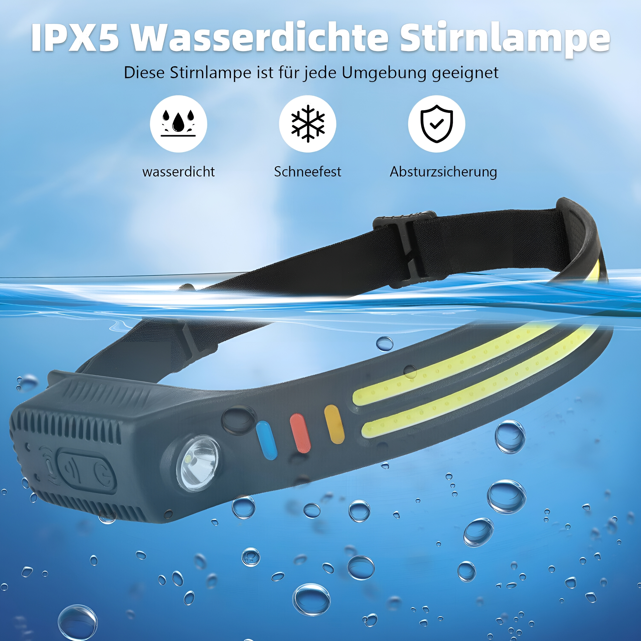 Stirnlampe unter Wasser. Sie ist schwarz mit gelben und blauen Lichtern.