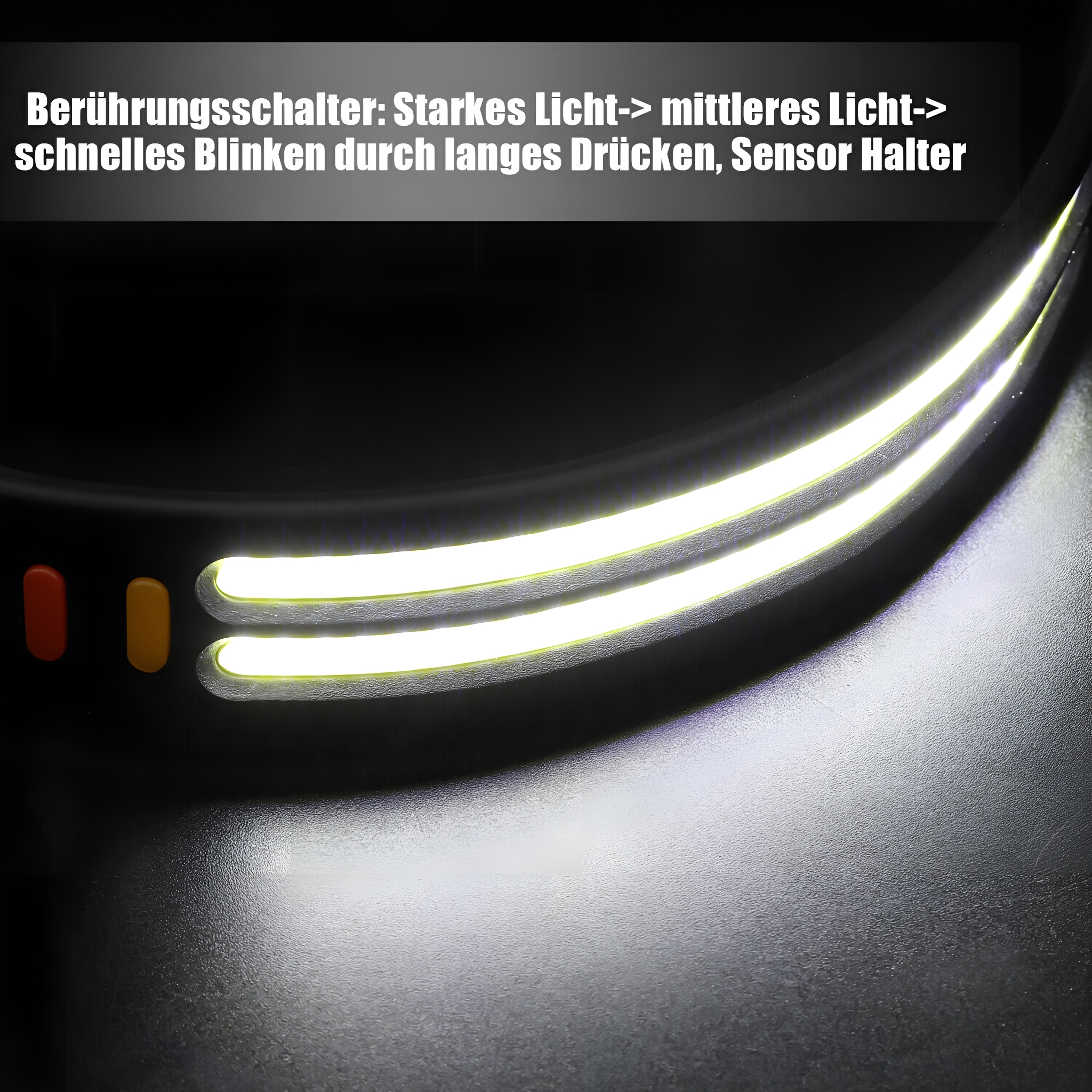 Nahaufnahme eines schwarzen Lichts mit weißen Lichtern und Knöpfen.