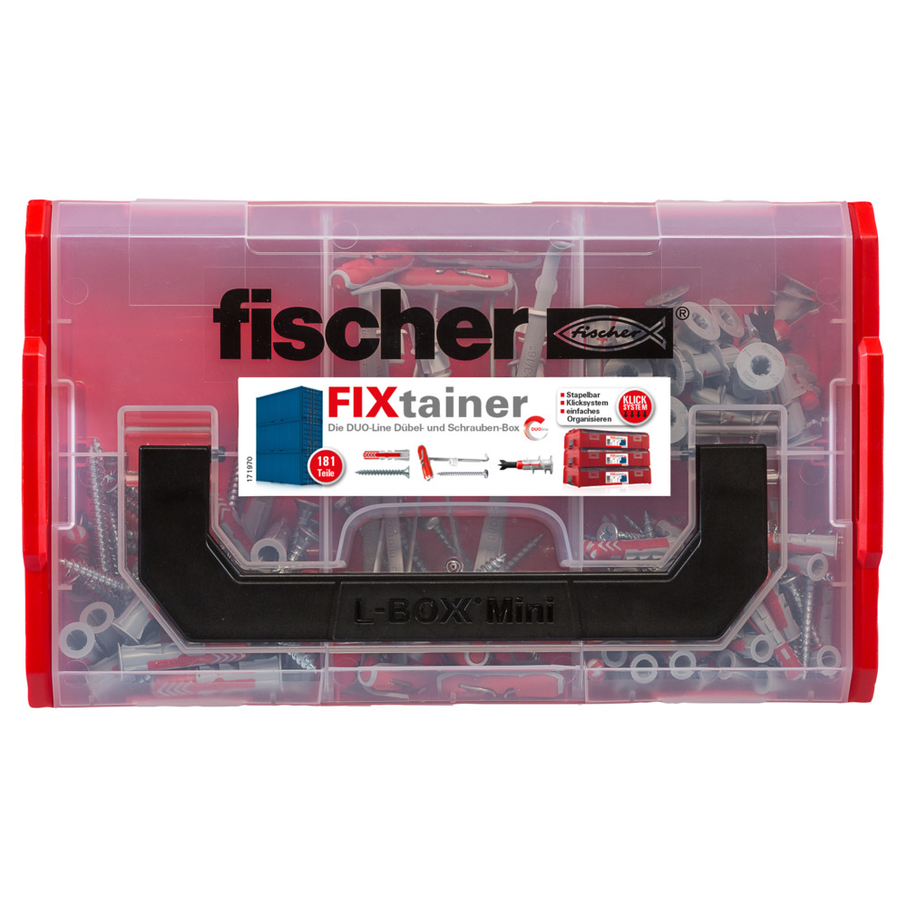 Red and clear plastic fischer FIXtainer box with a black handle, filled with hardware.