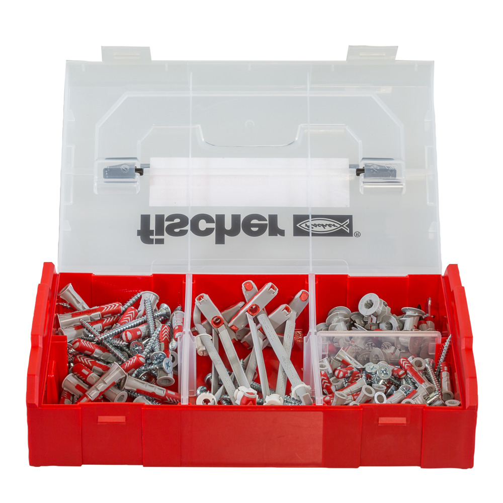 Open red fischer FIXtainer box with compartments filled with screws, dowels, and hardware.