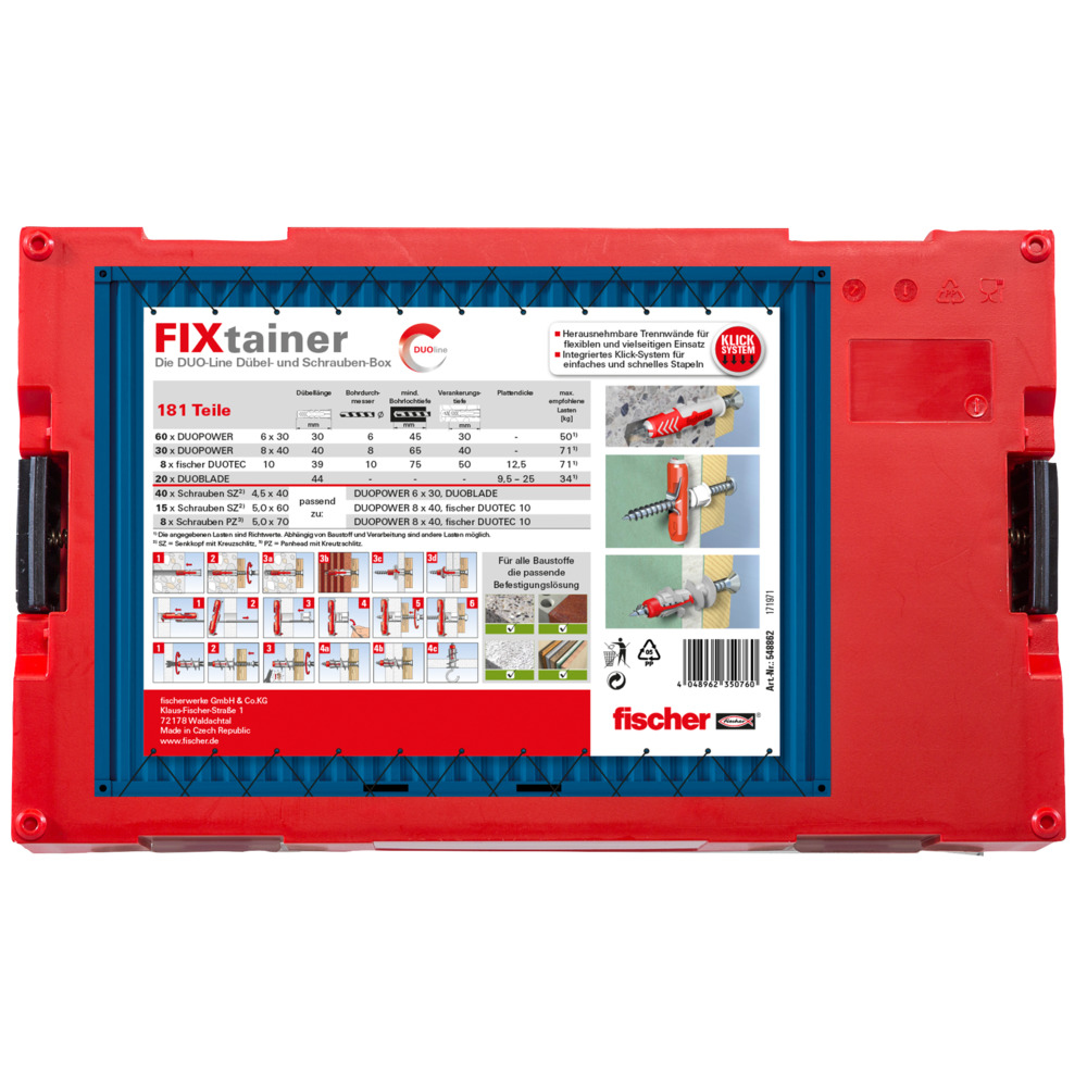 Red fischer FIXtainer box with label, containing screws, dowels, and instructions for use.