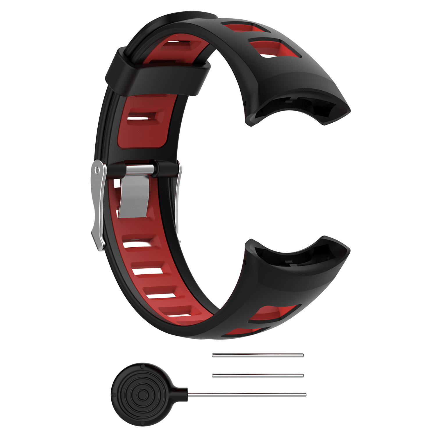 Uhrenarmband mit roter Innenseite und schwarzer Außenseite, zusammen mit Werkzeugen zur Befestigung.