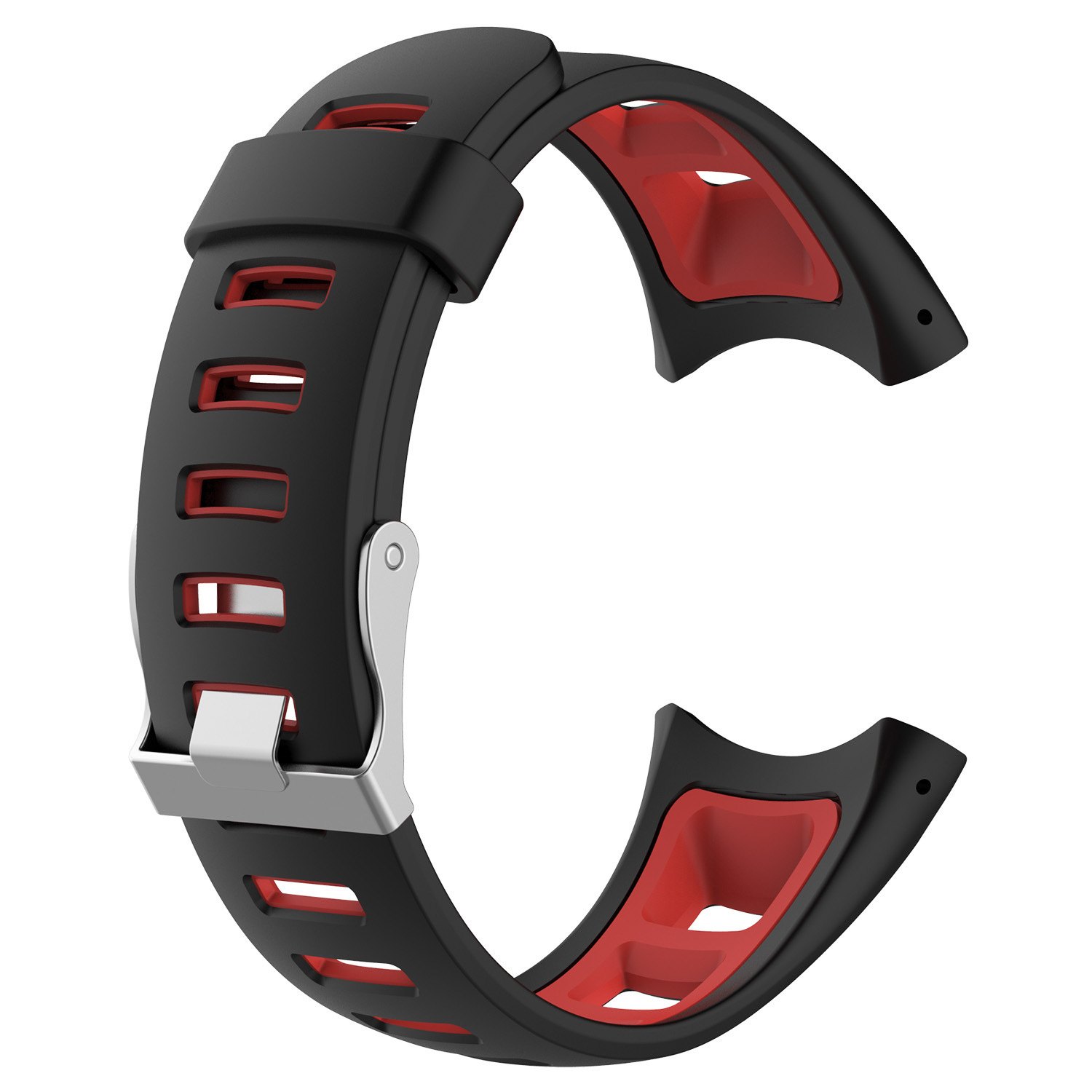 Schwarzes und rotes Uhrenarmband mit silberner Schnalle.