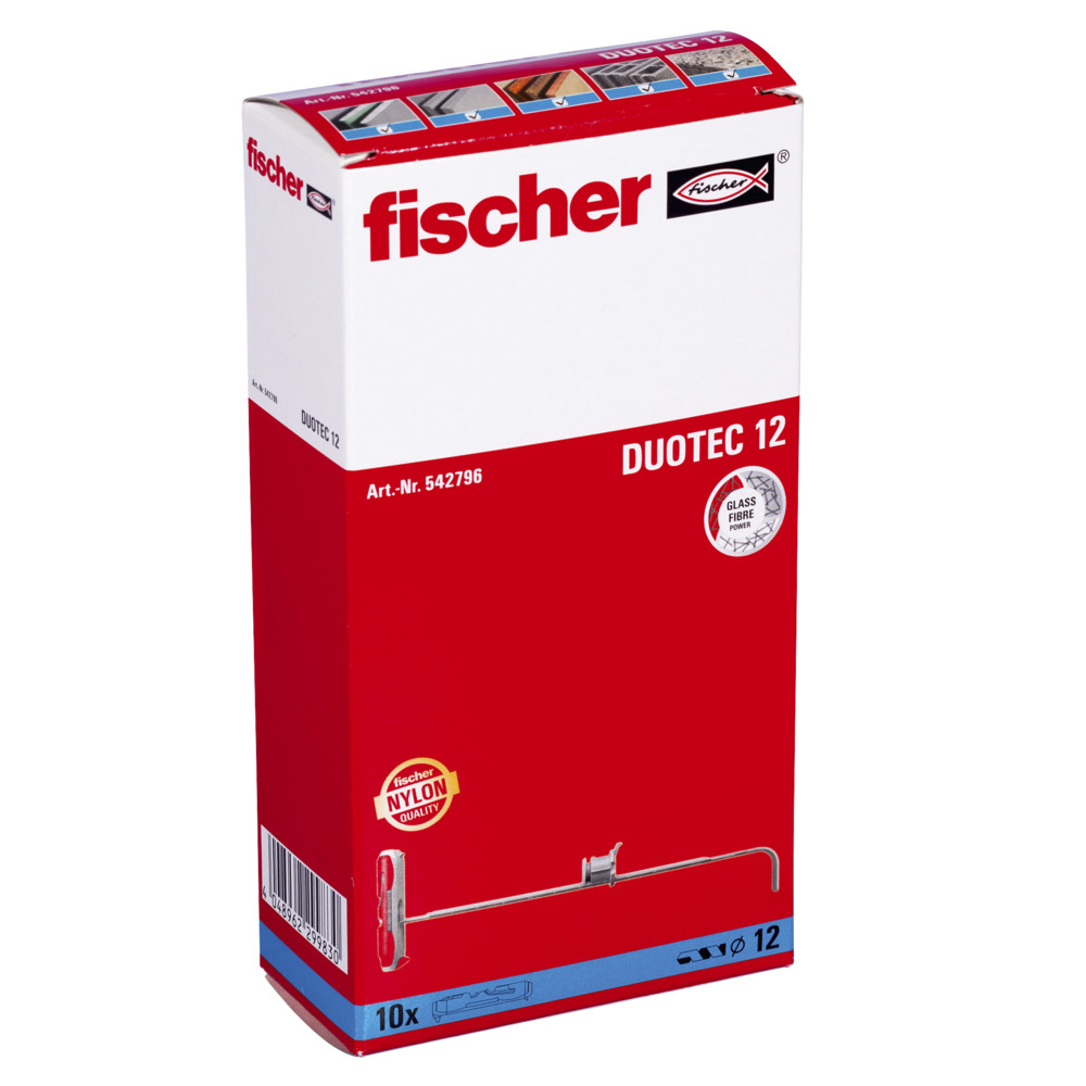 Eine rot-weiße Box mit dem Text 'fischer DUOTEC 12' und einer Grafik eines Wandbefestigungselements.