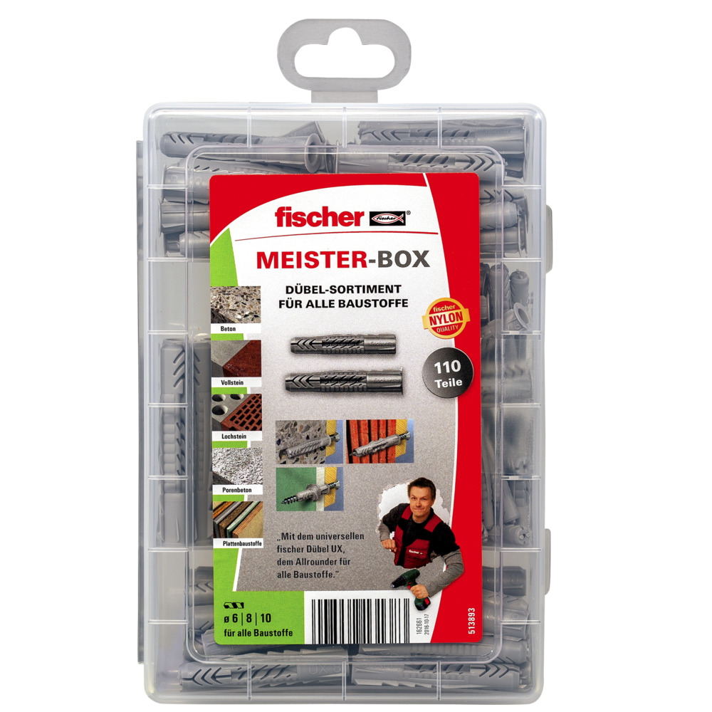 Eine transparente Kunststoffbox mit Text und Bildern von grauen Wandankern im Inneren.