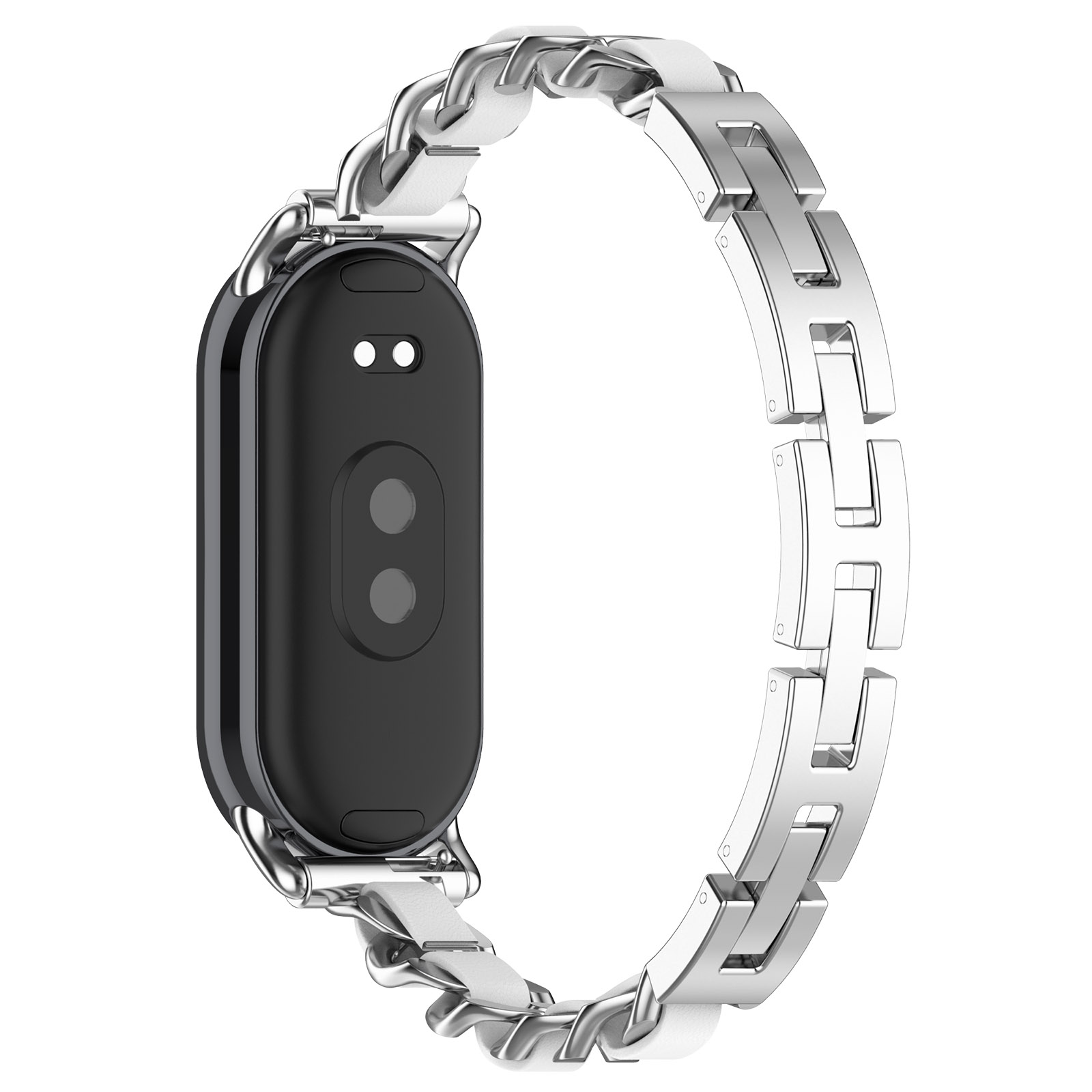 Silbernes und schwarzes Uhrenarmband mit einem schwarzen Fitnesstracker.