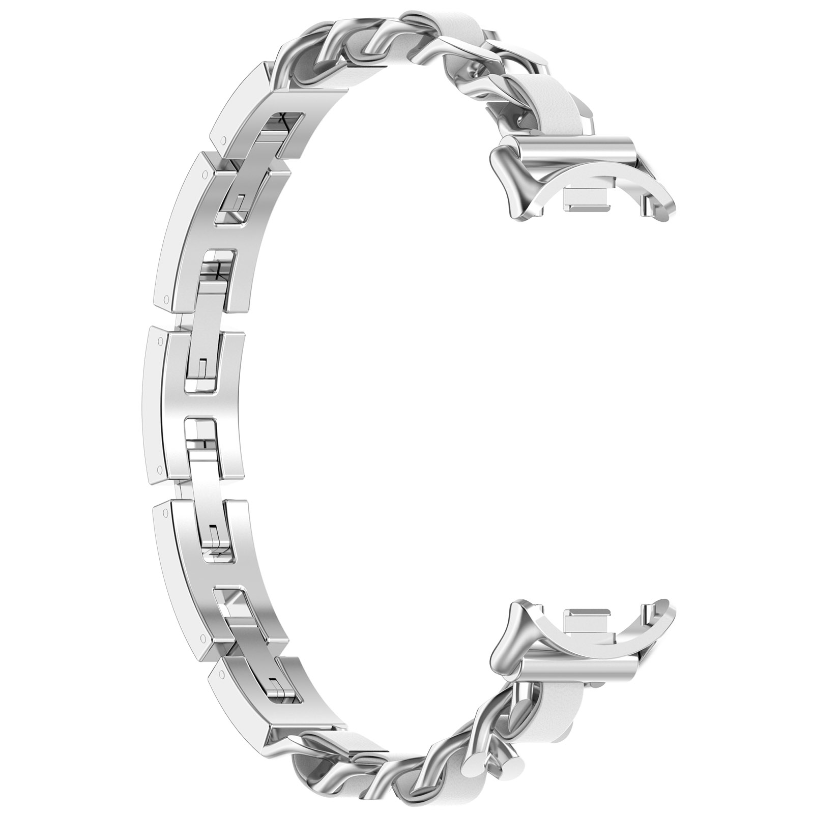 Silbernes Uhrenarmband mit Kettenmuster, auf weißem Hintergrund.