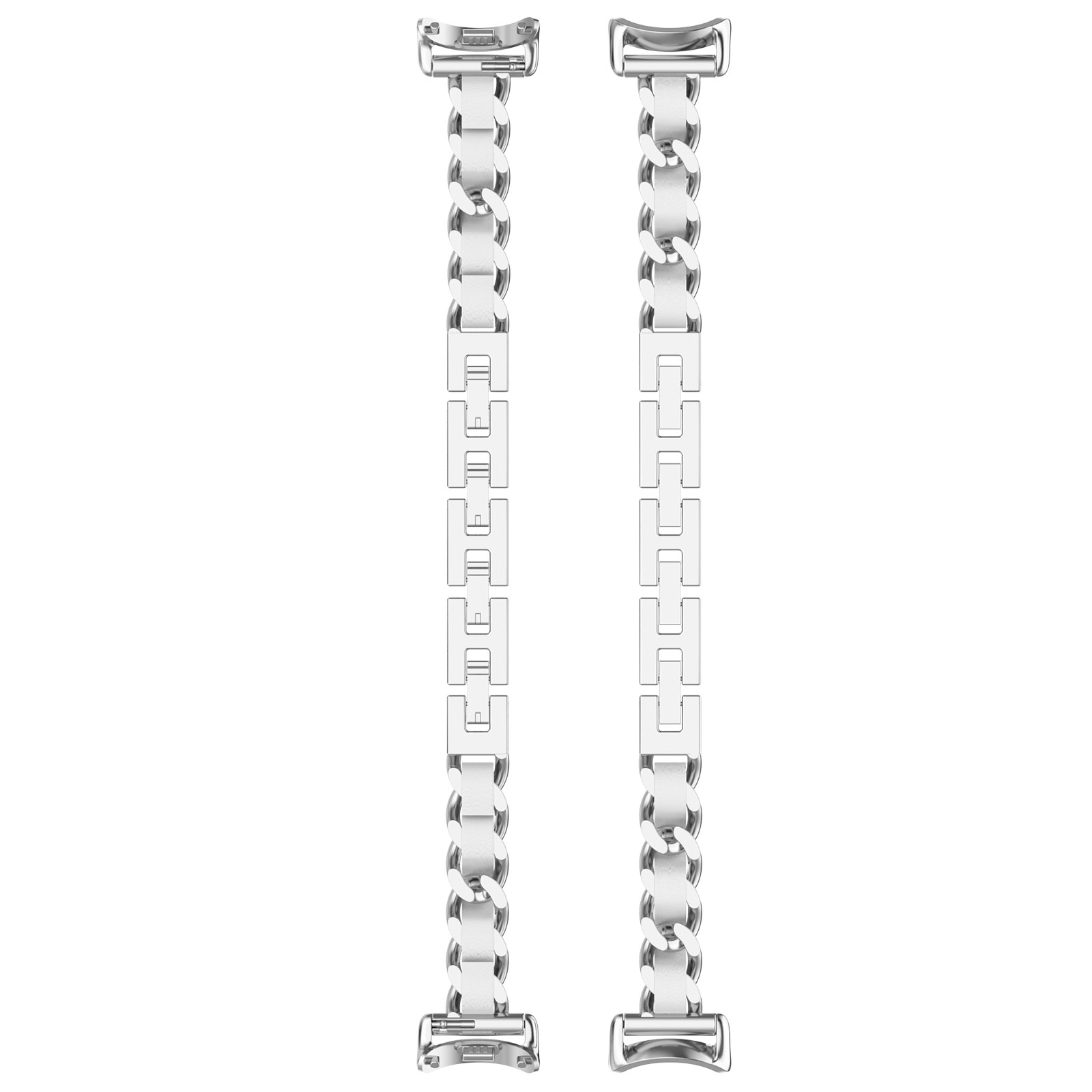Zwei silberne Uhrenarmbandglieder, verbunden in einer Kette, vor weißem Hintergrund.