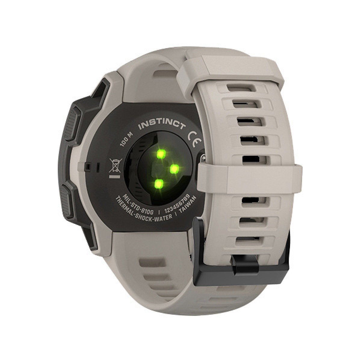 Die Rückseite einer beigefarbenen Smartwatch mit schwarzem Armband und grünen Sensorlichtern.