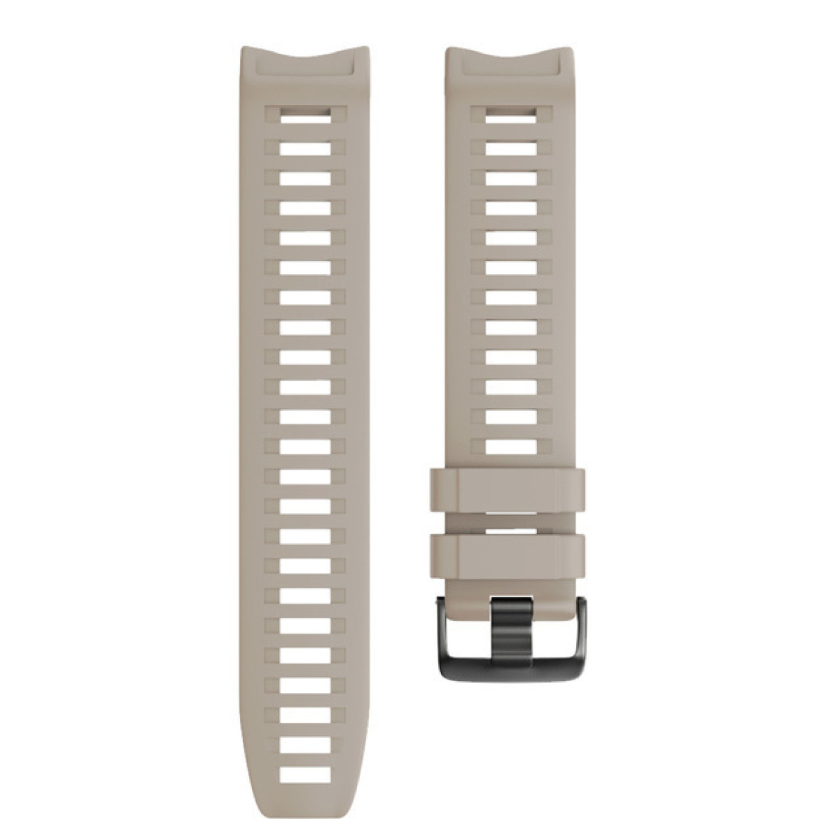 Zwei beige Uhrenarmbänder mit sich wiederholendem rechteckigem Design, eines mit schwarzer Schnalle.