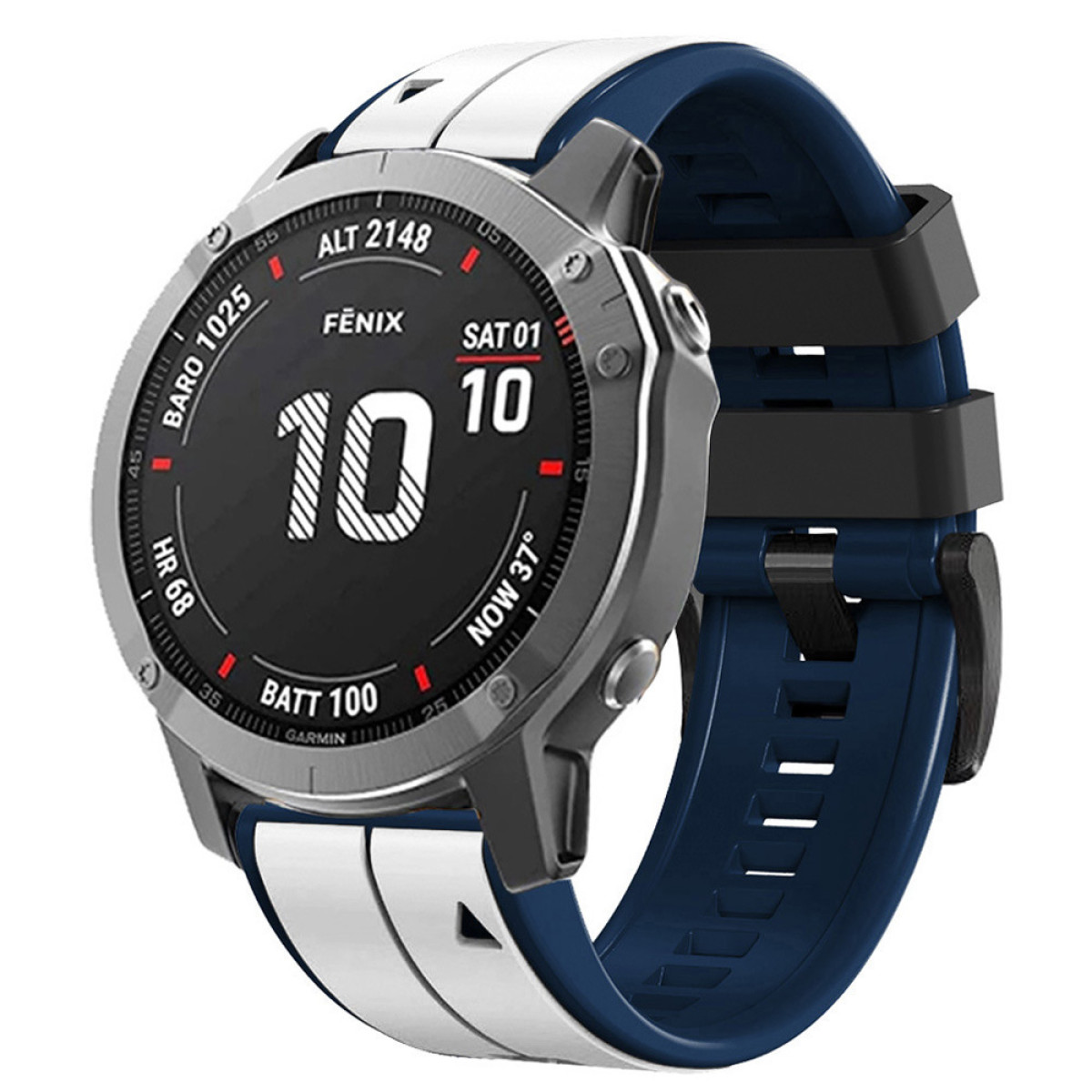 Smartwatch mit dunklem Bildschirm, blau-weißem Armband. Schwarz-silberner Metallrahmen. Weißer Hintergrund.
