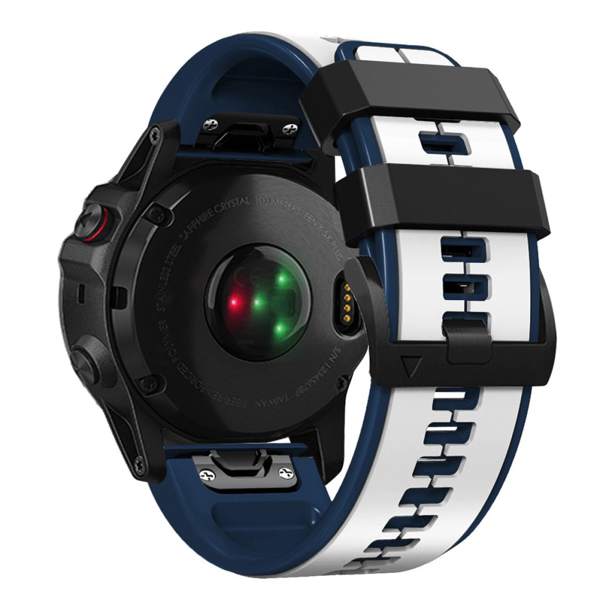 Rückseite einer schwarzen und blauen Smartwatch mit weiß-blauem Armband und Sensoren.