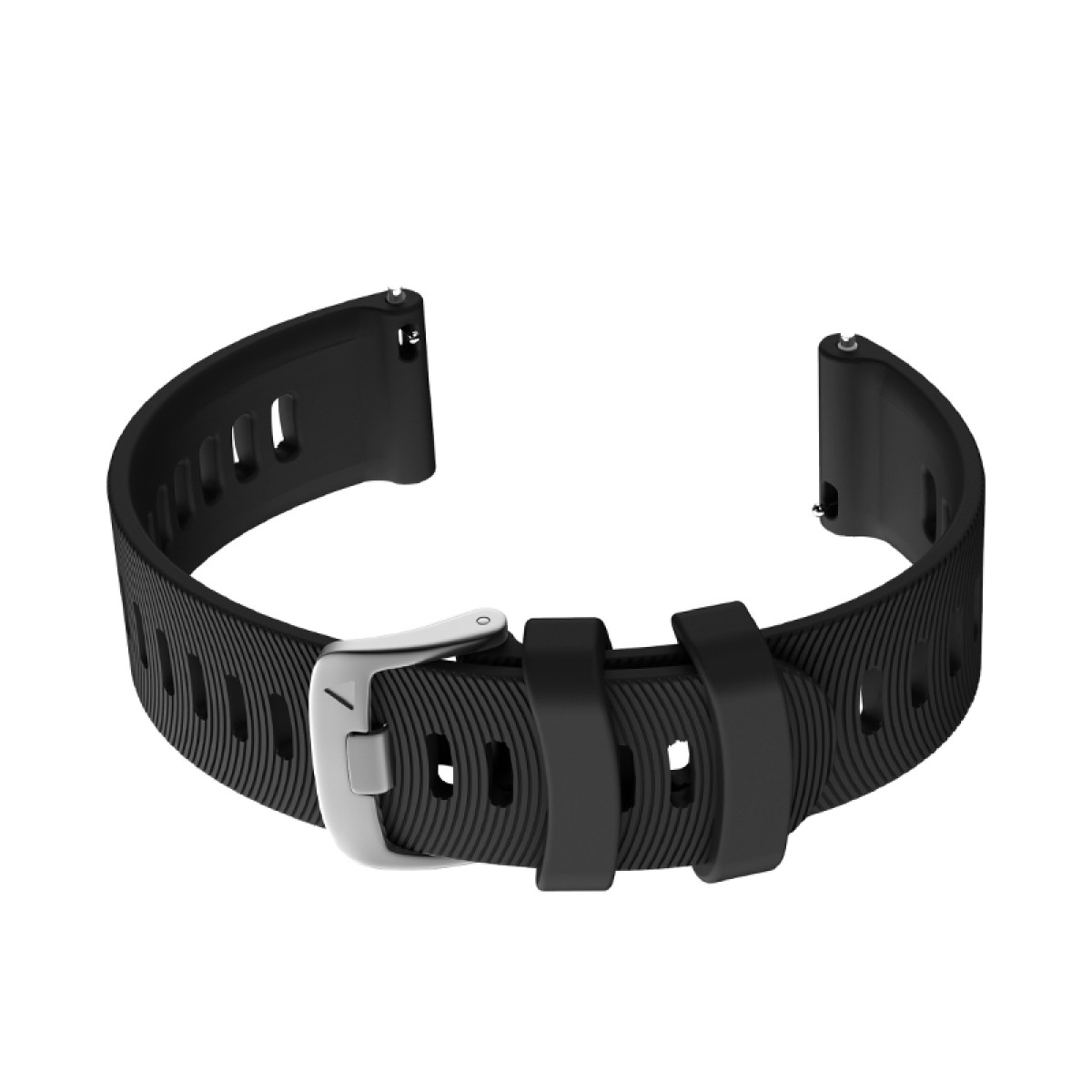 Schwarzes Uhrenarmband mit drei Stegen und einer silbernen Schnalle.