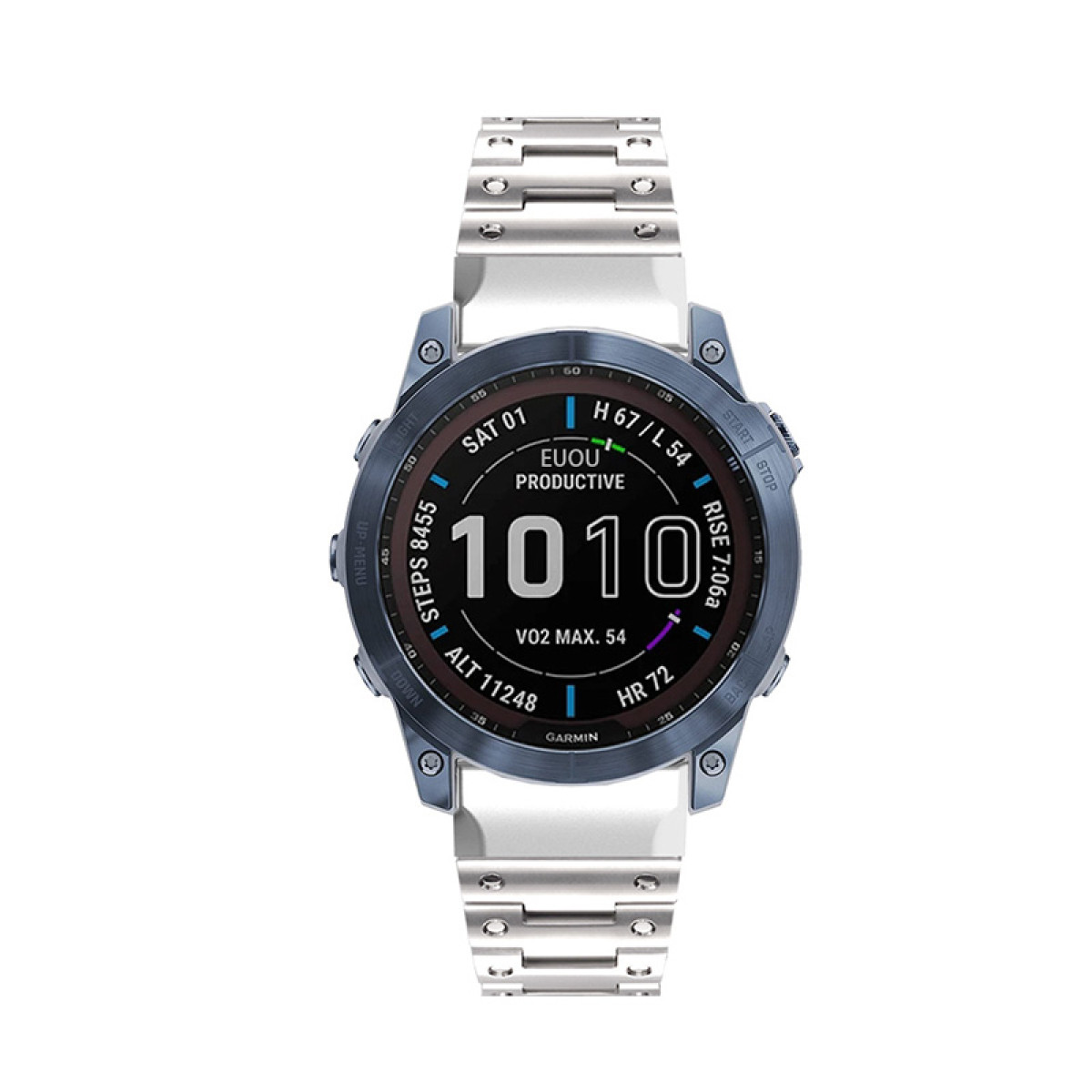 Smartwatch zeigt Daten an. Weißes Armband und Metallrahmen. Text: Garmin und Schritte, Höhe, Herzfrequenz.