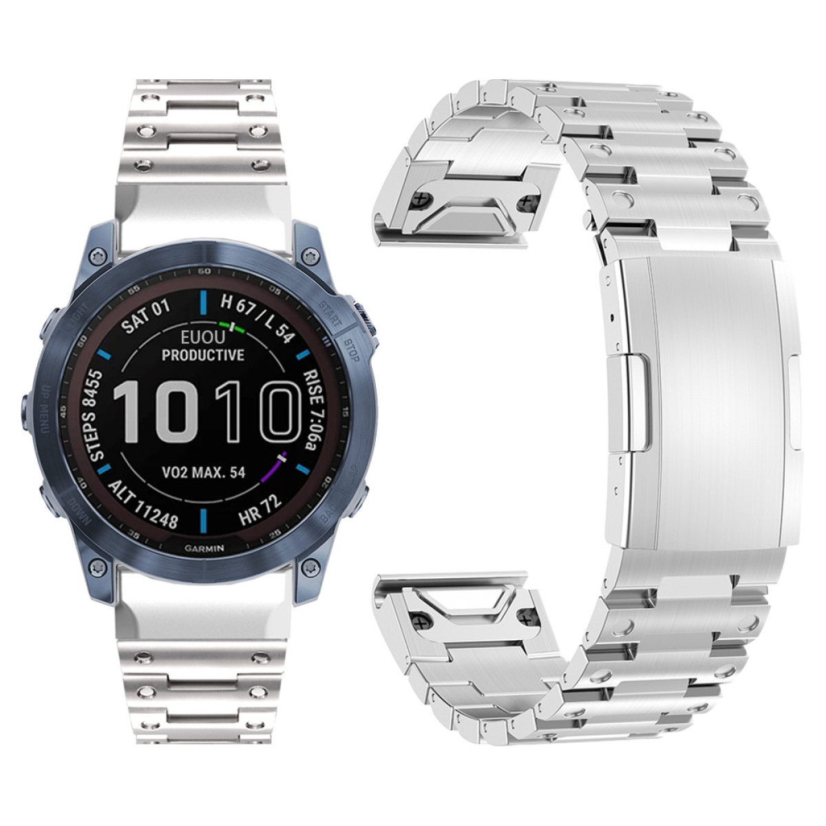 Silberne Metalluhr mit passendem Armband, auf weißer Oberfläche gezeigt.