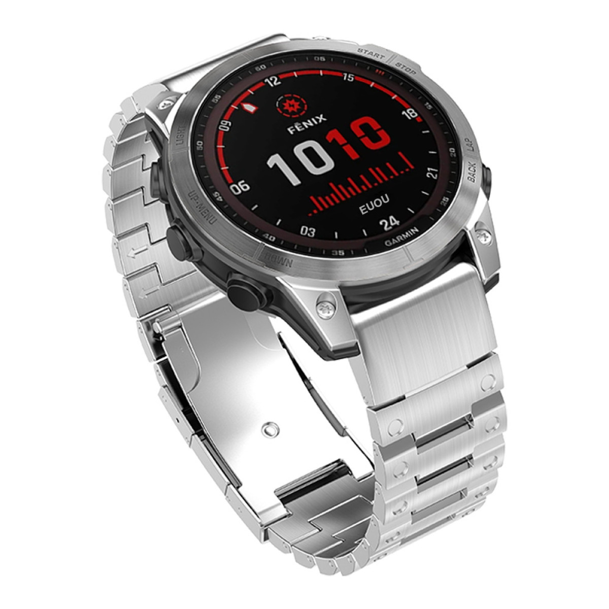 Silberne Garmin Smartwatch mit Metallarmband. Die Uhr zeigt Daten an.