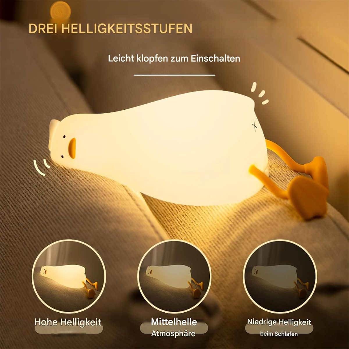 Eine weiße Enten-Lampe mit drei Helligkeitsstufen.