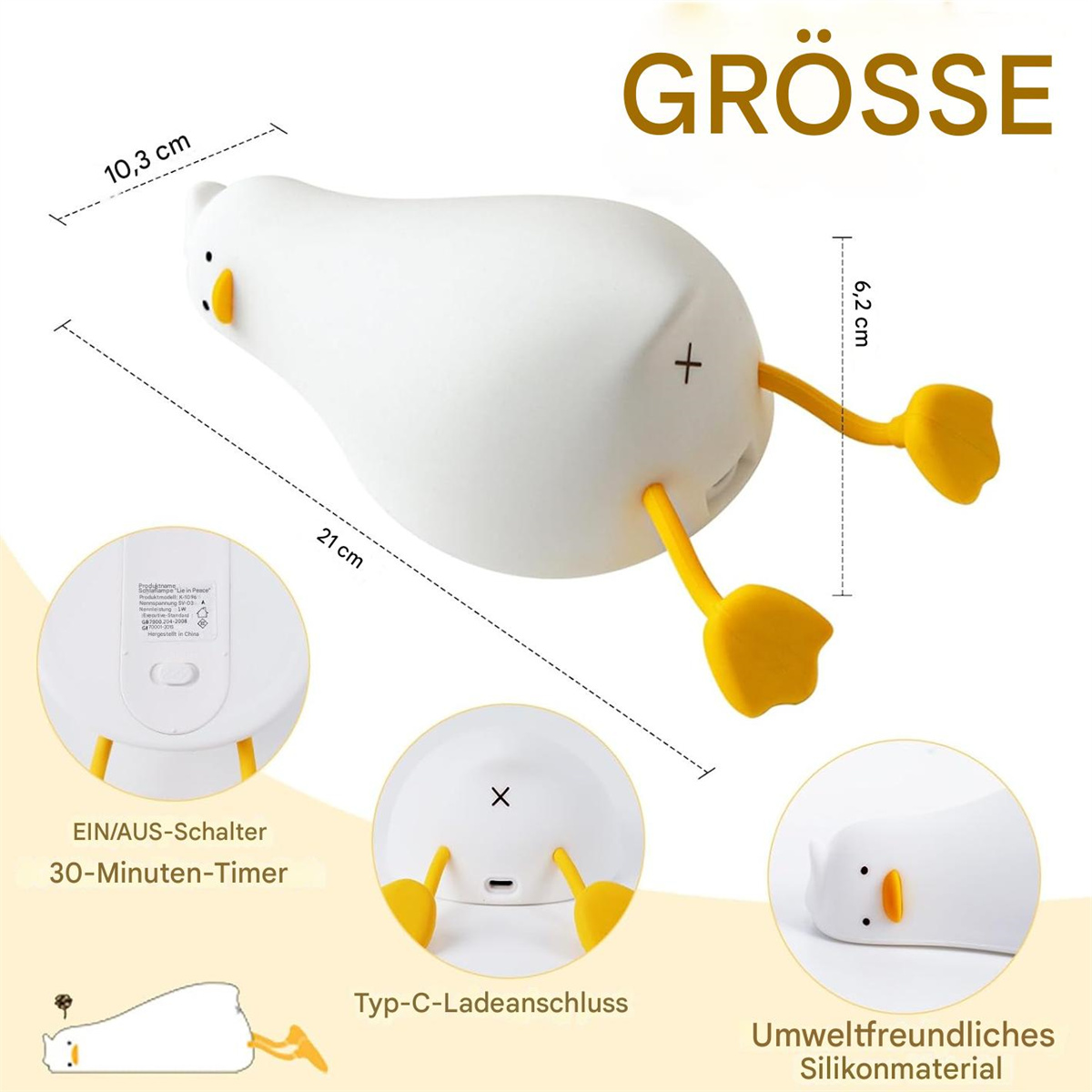 Eine weiße Entenlampe mit gelben Füßen und Schnabel. Maße sind angegeben. Ladeanschluss.