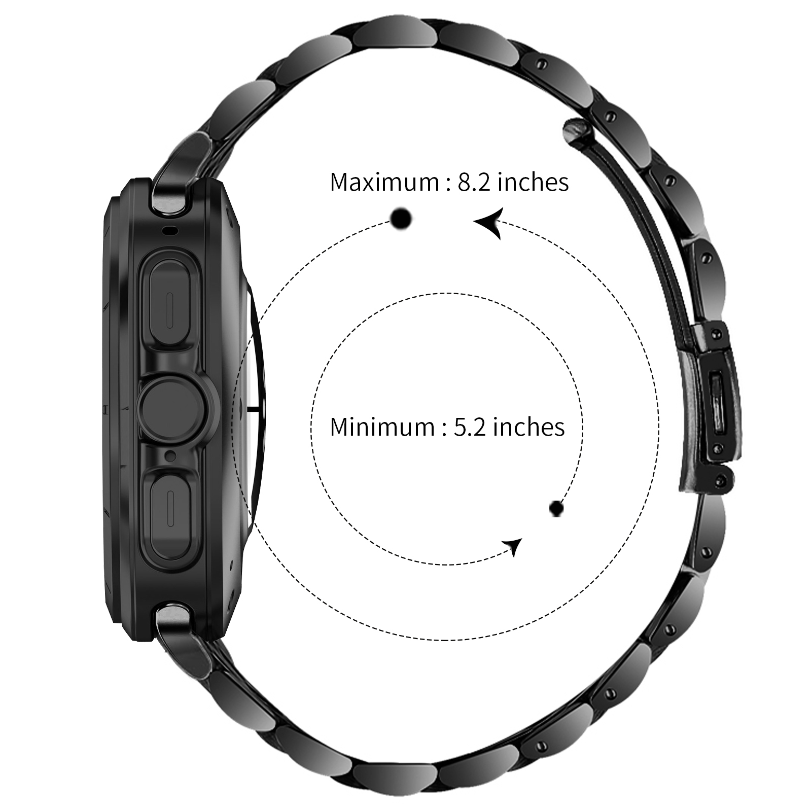 Schwarze Uhr mit Metallband, Maße sind angegeben. Maximal 8,2 Zoll, minimal 5,2 Zoll.
