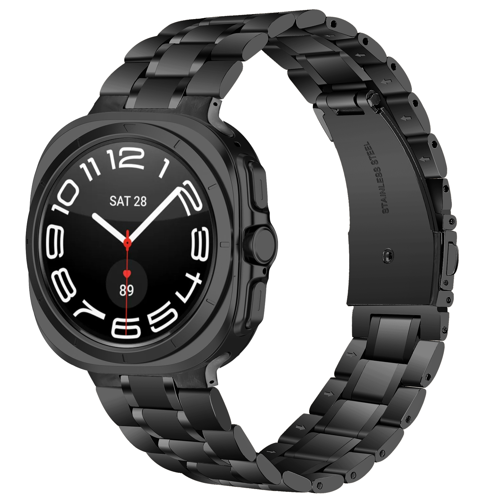 Schwarze Smartwatch und Armband. Die Uhr zeigt Zeit, Datum und Herzfrequenz an. Edelstahlband.