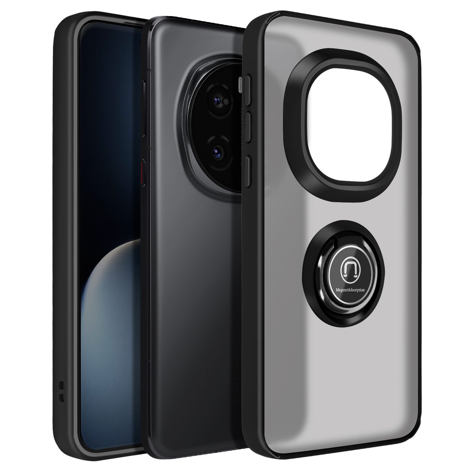Tre telefoni, uno in una custodia con cornice nera con anello di supporto. I telefoni sono neri e grigi.