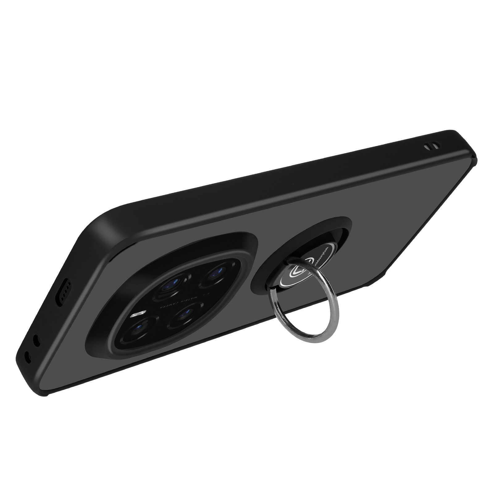 Custodia nera per telefono con supporto ad anello. Il telefono ha più fotocamere. Nero lucido, isolato.
