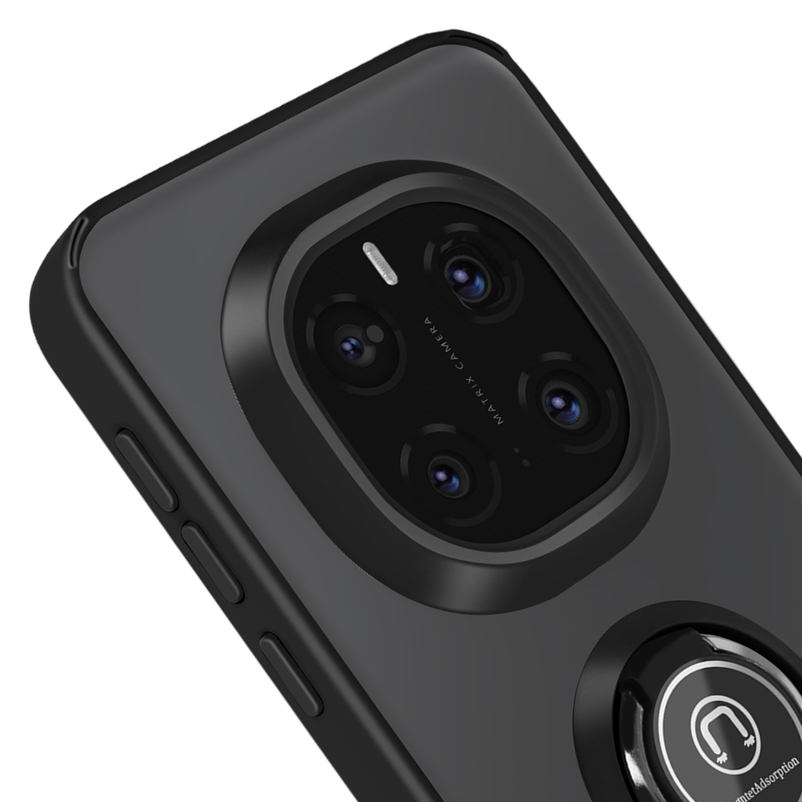 Custodia nera per telefono con array di fotocamere. Impugnatura ad anello. Sfondo nero.