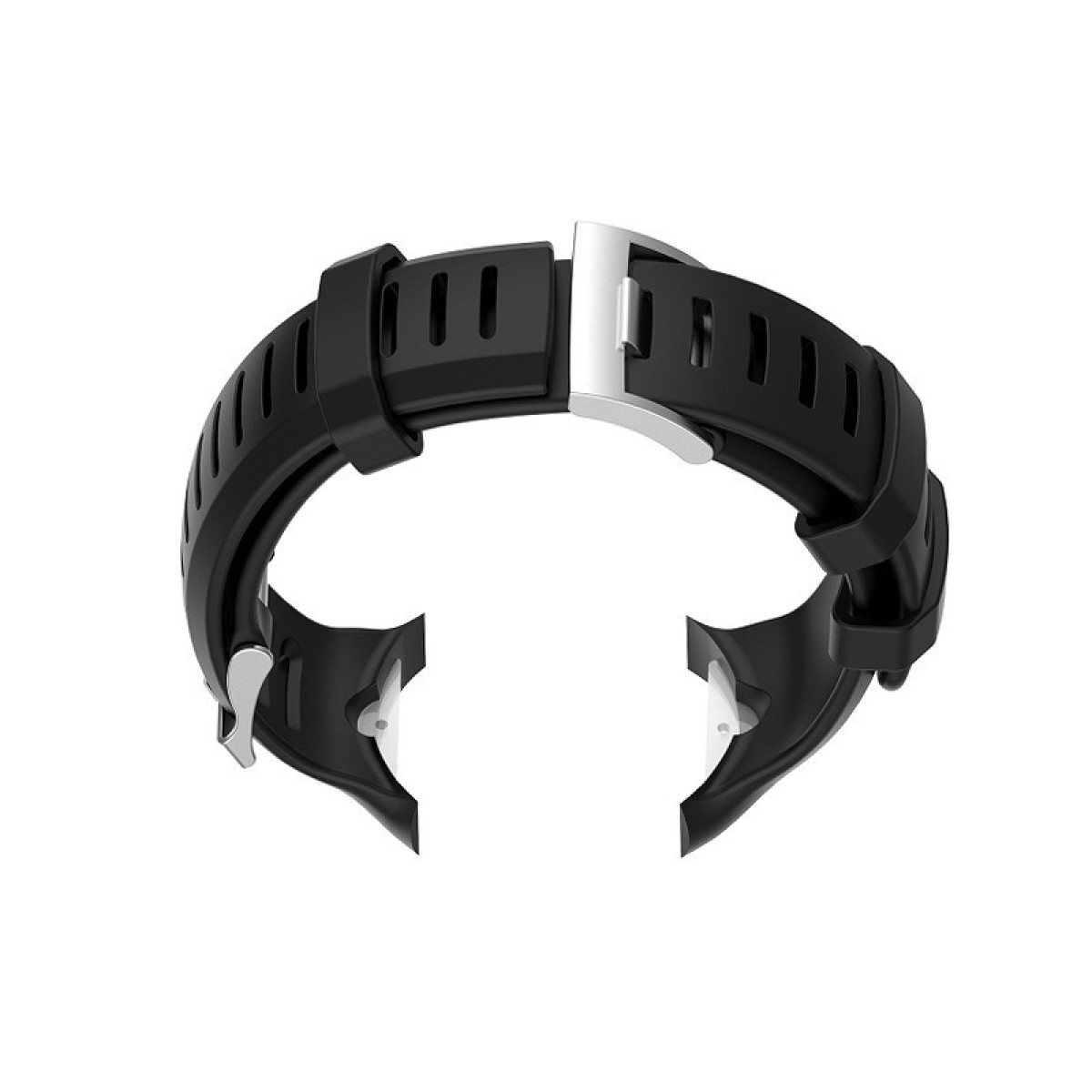 Ein schwarzes Uhrenarmband mit silberner Schnalle, vor weißem Hintergrund betrachtet.
