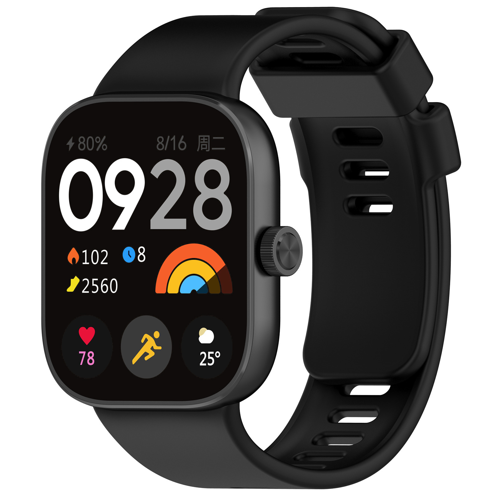 Schwarze Smartwatch mit Digitalanzeige, die Zeit, Datum, Aktivitätsstatistiken und Herzfrequenz anzeigt. Schwarzes Armband.