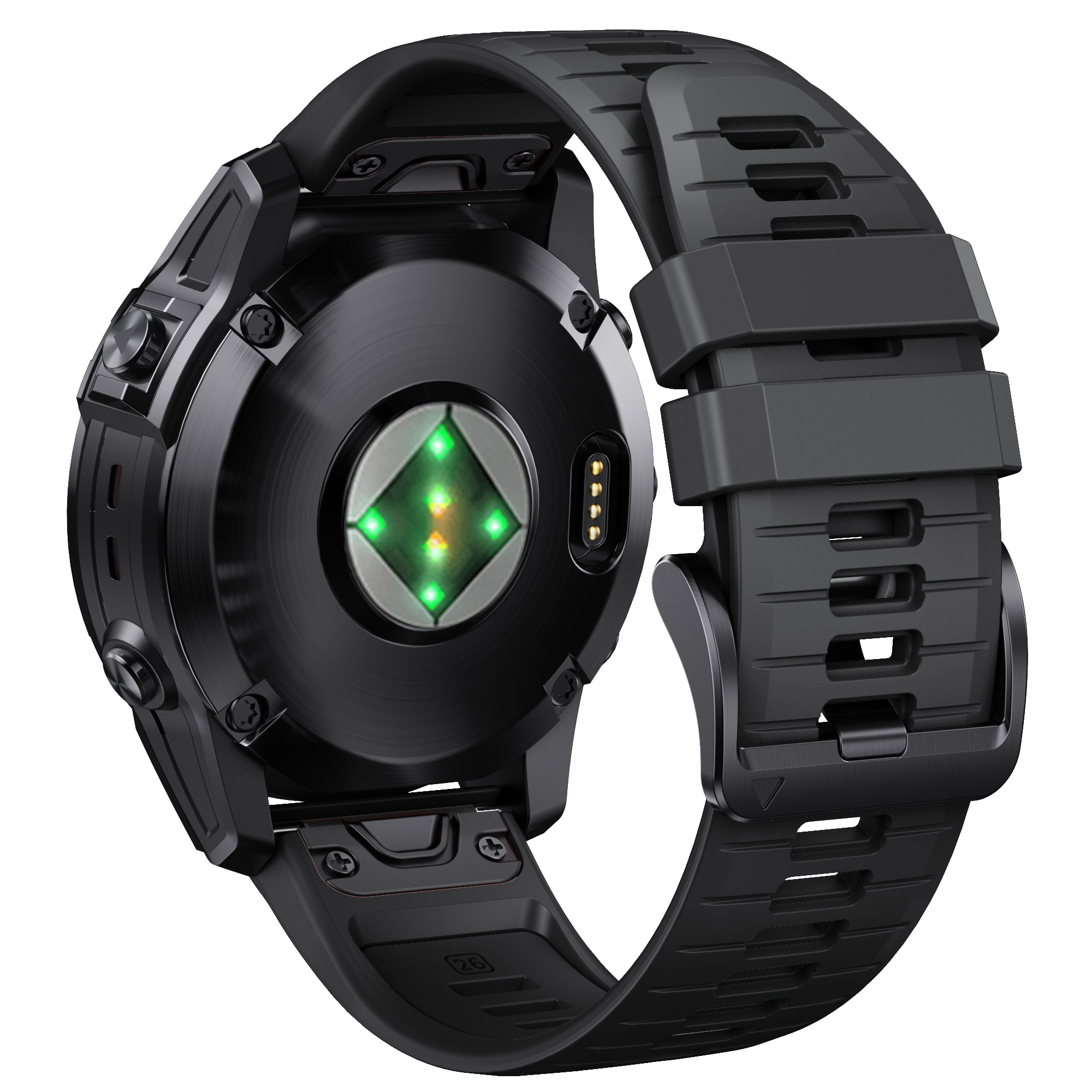 Schwarze Smartwatch. Rückseite zeigt Sensoren, Ladepunkte, Armbandbefestigung. Schwarzes Armband.
