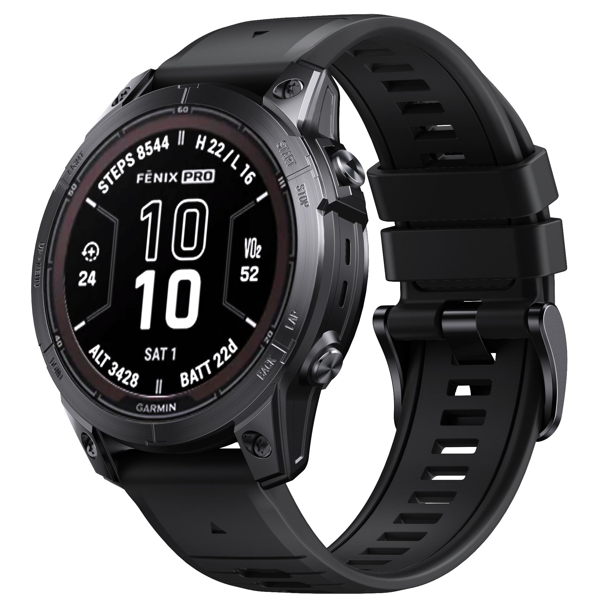 Schwarze Garmin Fenix Pro Smartwatch mit Datenanzeige, schwarzes Armband, Seitenansicht.