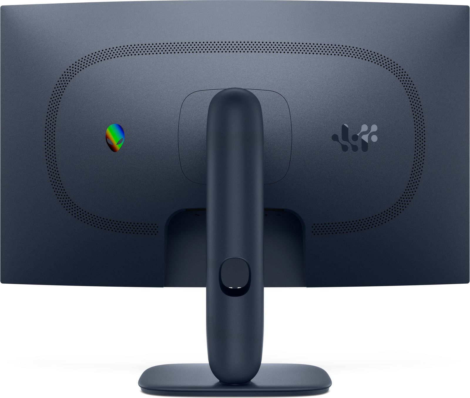 Tył monitora. Ma podstawę, logo i elementy designu.