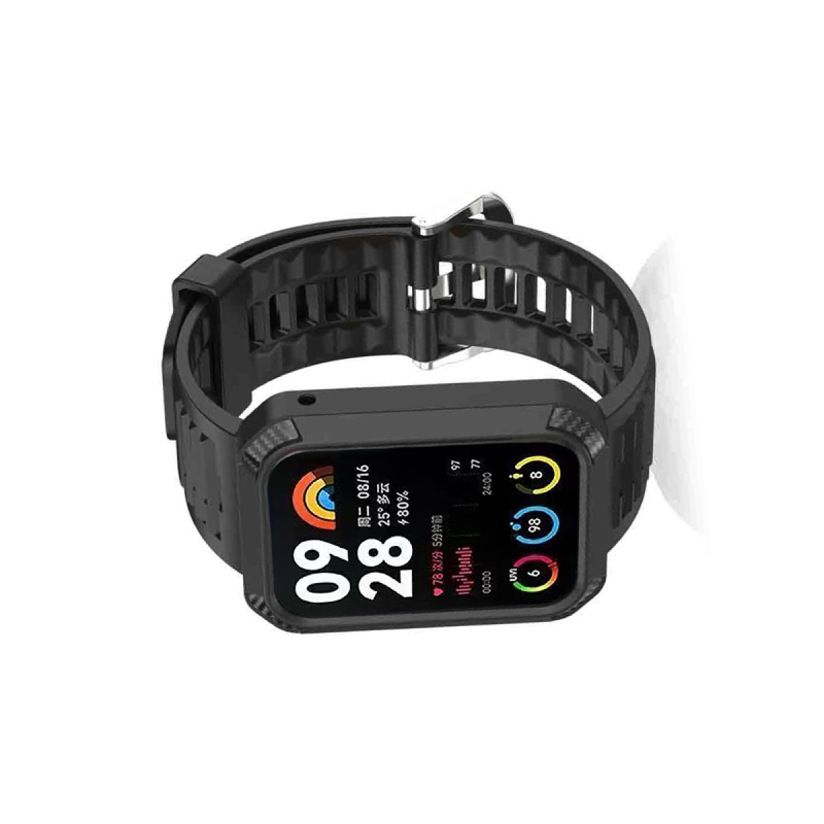 Schwarze Smartwatch mit schwarzem Armband und digitaler Anzeige mit Daten. Die Uhr ist abgewinkelt.