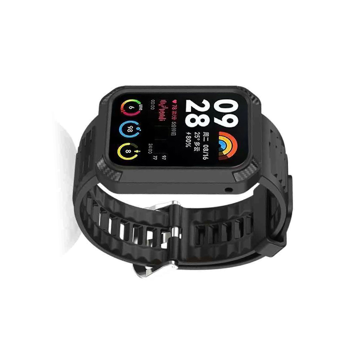 Schwarze Smartwatch mit schwarzem Armband, die Zeit, Datum und Gesundheitsdaten anzeigt.