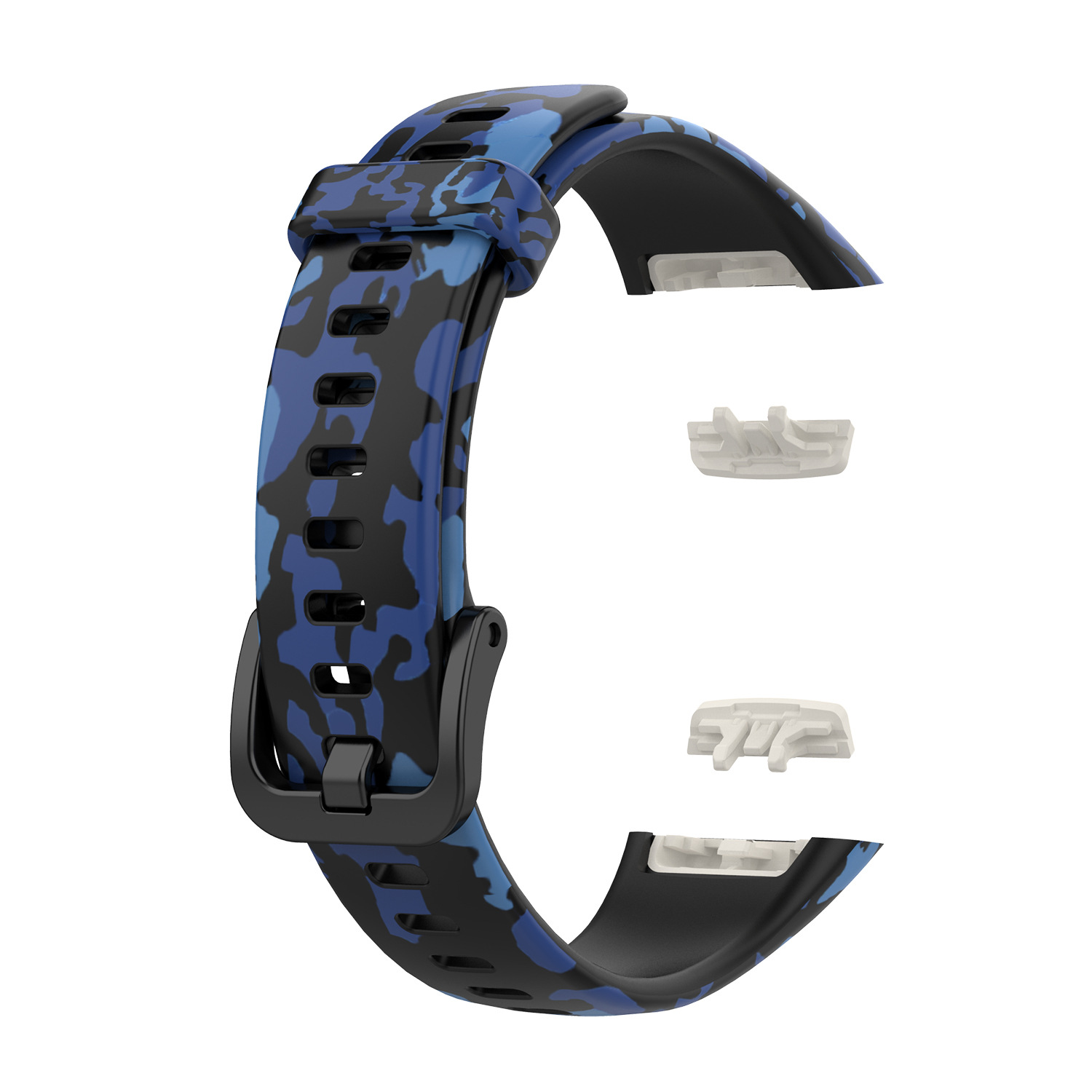 Ein blau-schwarz getöntes Camouflage-Armband mit seinen Komponenten und weißem Hintergrund.
