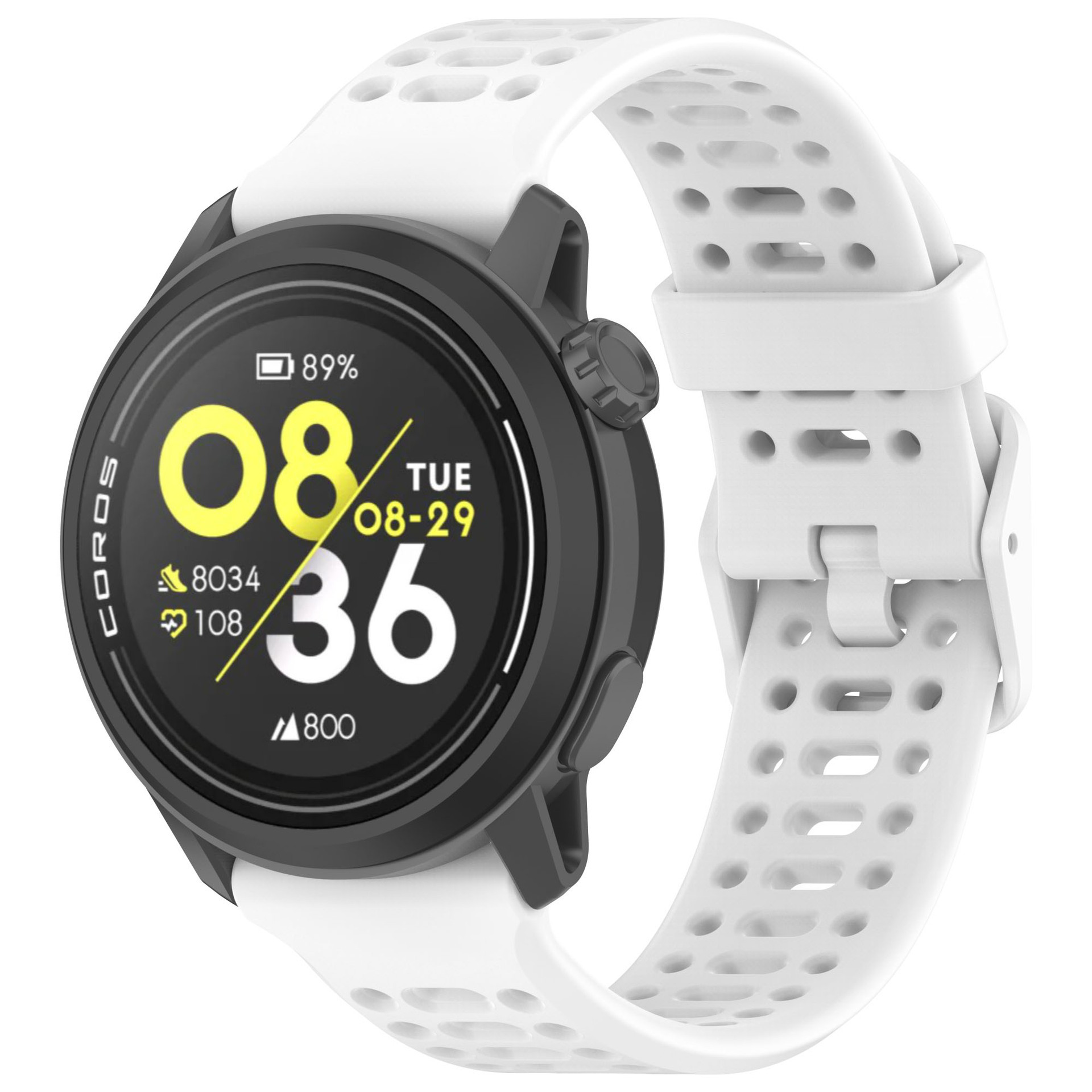 Schwarz-weiße Smartwatch mit Statistiken und Zeit.