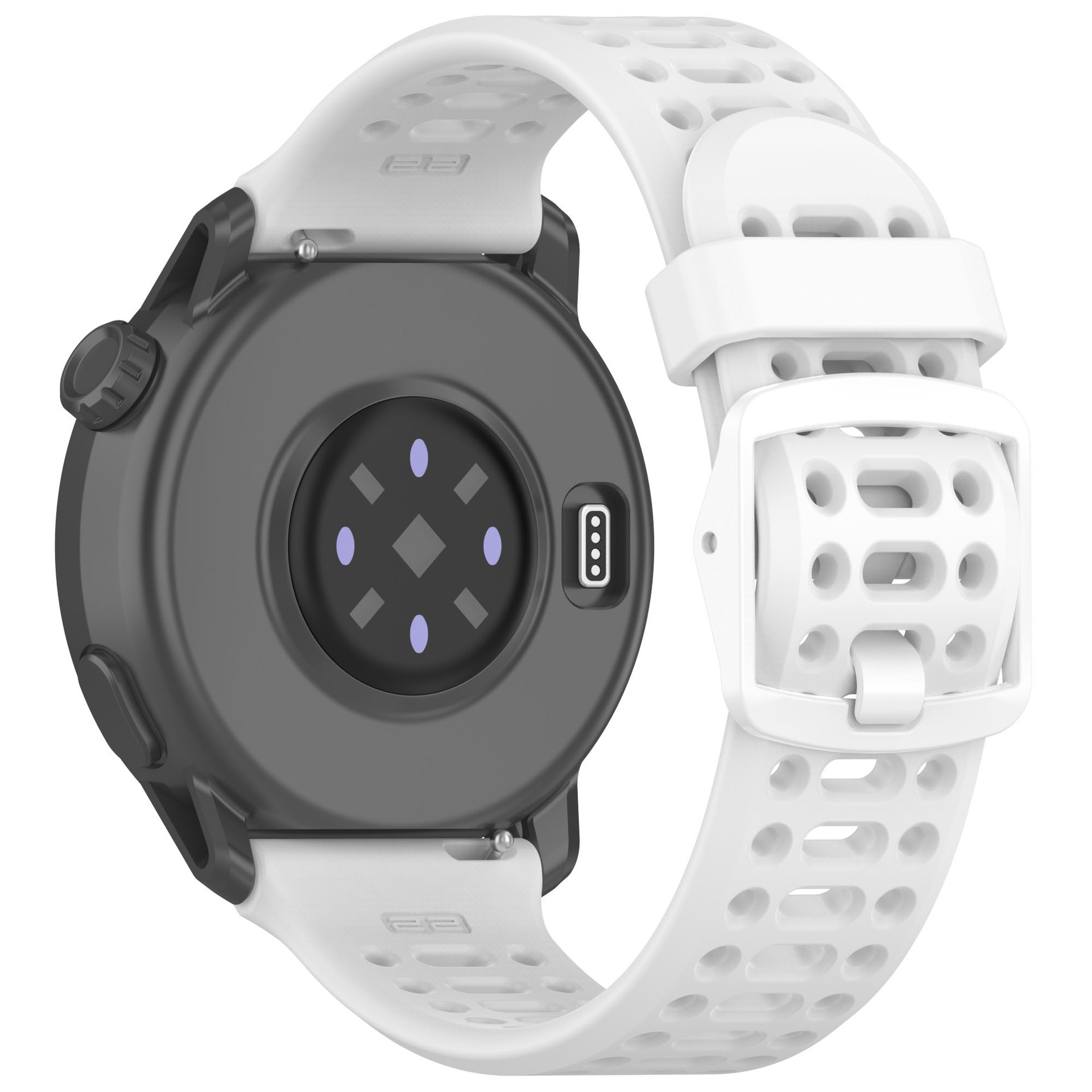 Nahaufnahme einer weißen Smartwatch. Die Rückseite zeigt Sensoren und ein weißes Band mit Löchern.