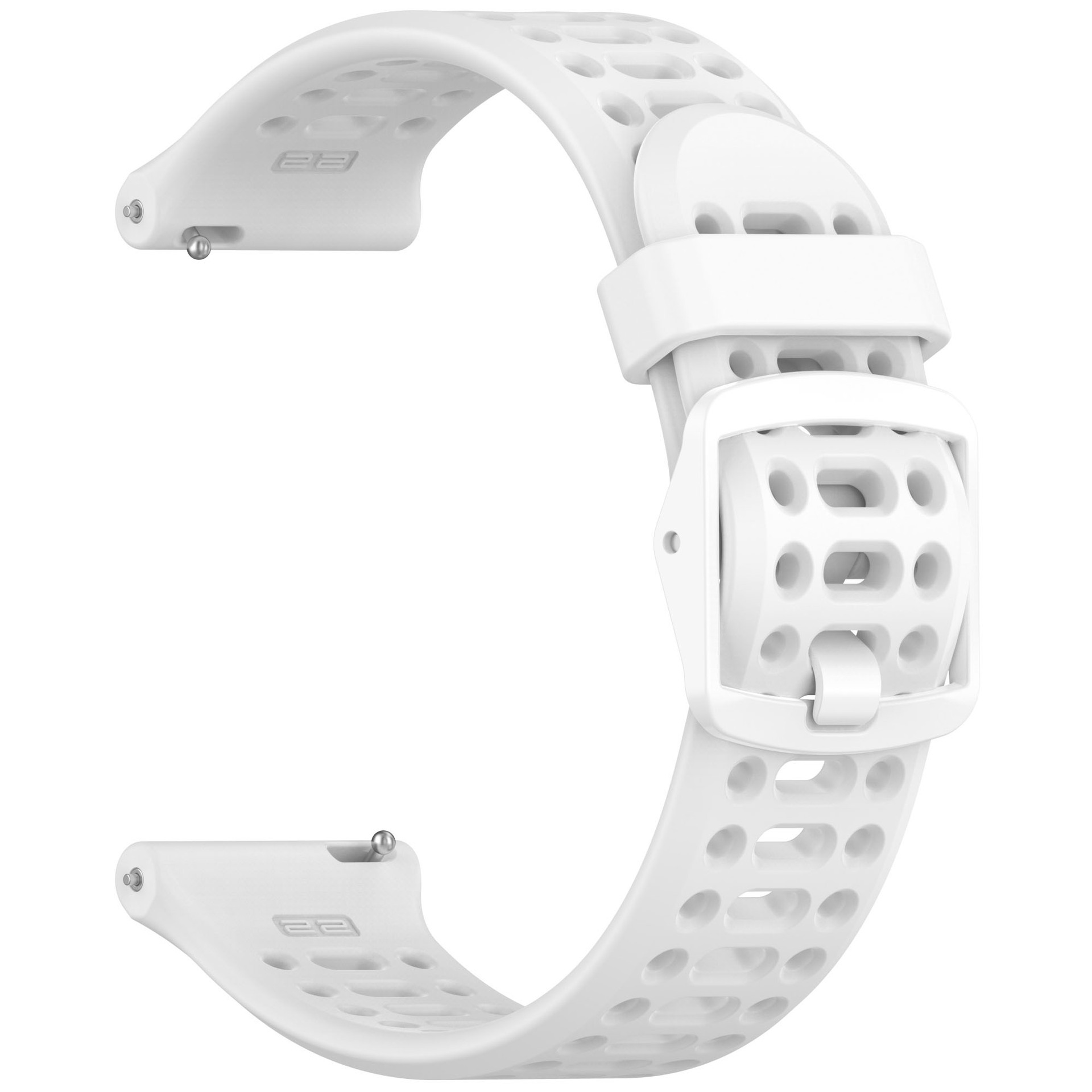 Weißes Uhrenarmband mit mehreren Löchern und einer Schnalle. Weißer Hintergrund.