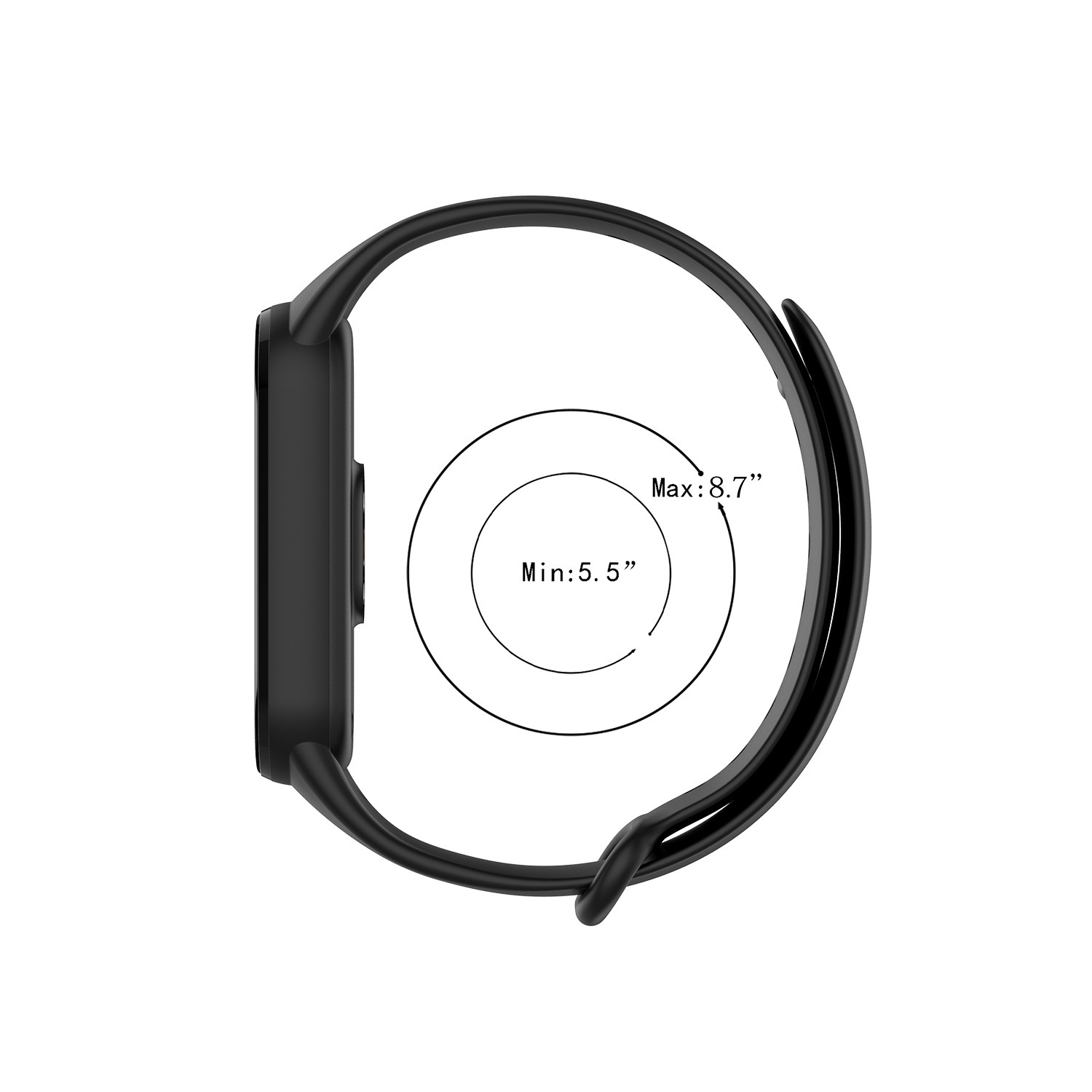 Schwarze Smartwatch, bei der das Armband die minimale und maximale Größe zeigt.