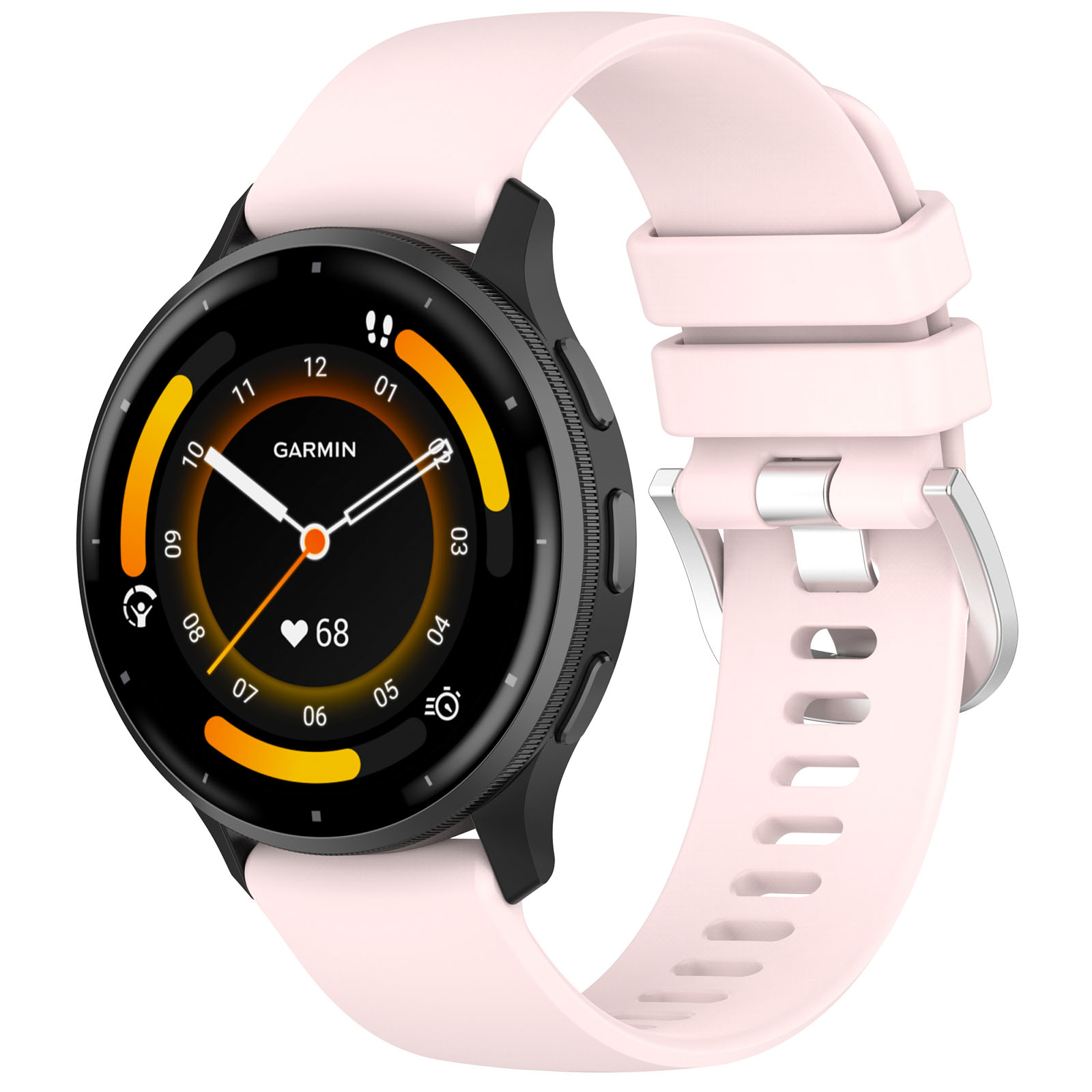 Schwarze Smartwatch mit rosa Armband. Das Zifferblatt zeigt Zahlen und ein Zifferblatt.