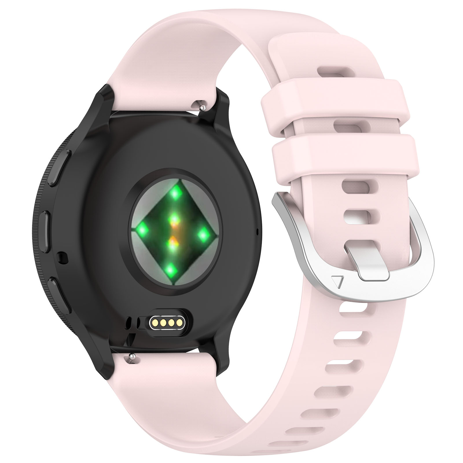 Rosa Uhrenarmband mit schwarzer Uhr, Rückansicht, grüner Sensor sichtbar.