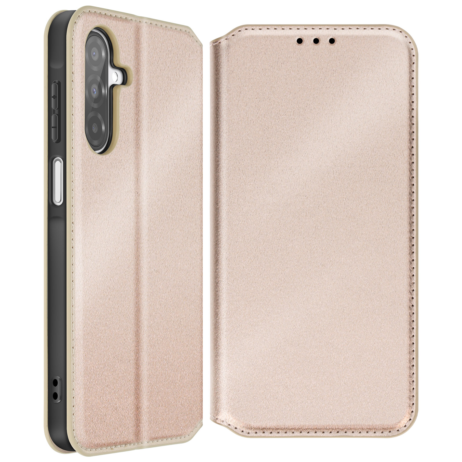 Una custodia per telefono rosa, aperta che mostra la superficie interna. Il telefono non è visibile.