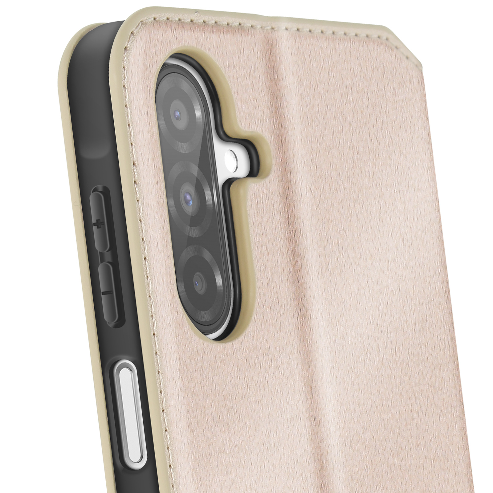 Primo piano di una custodia rosa per telefono, che mostra la fotocamera e i dettagli.