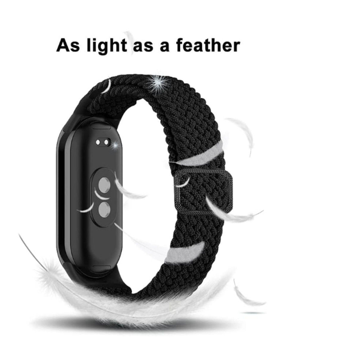 Schwarzes Smartwatch-Armband mit gewebter Textur, mit weißen Federn. Weißer Hintergrund.